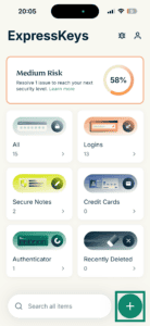 ExpressKeys app interface showing the home screen on iPhone. The plus icon is highlighted.