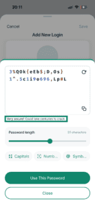 ExpressKeys app interface showing the password generator window on iPhone. The Very secure! Could take centuries to crack message is highlighted.