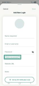ExpressKeys app interface showing the Add New Login page on Android. The Need a new password? button is highlighted.