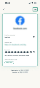 ExpreeKeys app interface showing a saved login on iPhone. The Edit button is highlighted.