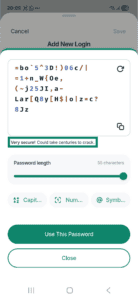 ExpressKeys app interface showing the password generator window on Android. The Very secure! Could take centuries to crack message is highlighted.