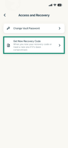 The Access and Recovery page in the ExpressKeys app, highlighting the "Get New Recovery Code" option.