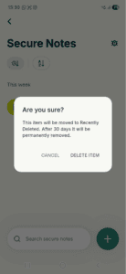 The "Are you sure?" pop-up in the ExpressKeys, asking to confirm a deletion of a secure note.