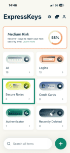 The Secure Notes widget in the ExpressKeys app for iOS.