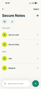 The Seucre Notes tab in the ExpressKeys app for iOS.