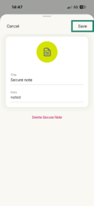 The edit page for secure notes in the ExpressKeys app for iOS.