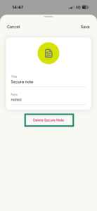 The "Delete Secure Note" button in the ExpressKeys app for iOS.