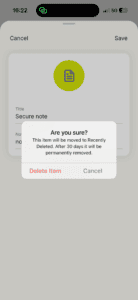 The "Are you sure" pop-up in the ExpressKeys app for iOS, asking for confirmation to delete a secure note.