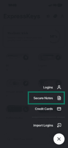 The Secure Notes option highlighted in the ExpressKeys main menu.