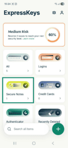 The Secure Notes widget in the ExpressKeys Android app highlighted.