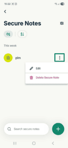 The Secure Notes tab in the ExpressKeys app for Android, with a highlighted three-dot icon next to a secure note.