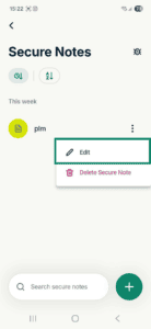 The Edit option highlighted next to a secure note in the ExpressKeys app for Android.