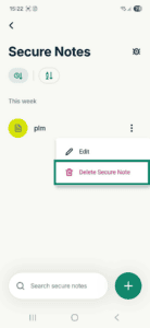 The Delete Secure Note option next to a secure note in the ExpressKeys app for Android.