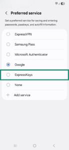 Android's Preferred services settings with a highlighted ExpressKeys option.