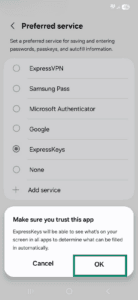 A "Make sure you trust this app" pop-up on Android, with a highlighted "OK" option.