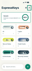 The ExpressKeys app, showing the Profile option highlighted.