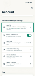 The Password Manager Settings in the ExpressKeys app, highlighting the "AutoFill" option.