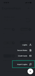 The "Import Logins" option in the ExpressKeys app.