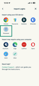 The "Import Logins" screen in the ExpressKeys app on iOS, with a highlighted 1Password option.