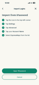 The "Import from 1Password" instructions in the ExpressKeys app on iOS.