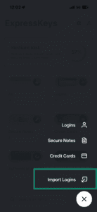 The "Import Logins" option in the ExpressKeys app.