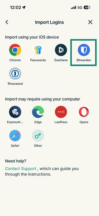 The "Import Logins" screen in the ExpressKeys app on iOS, with a highlighted Bitwarden option.
