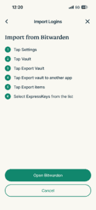 The "Import Logins" screen in the ExpressKeys app on iOS, with a highlighted Bitwarden option.