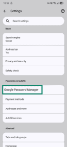 Google Chrome settings showing the "Google Password Manager" option highlighted.