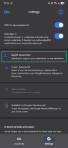 Google Chrome settings showing the "Export passwords" option highlighted.