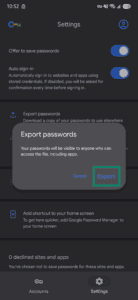 Google Chrome confirmation window showing the "Export" option highlighted.