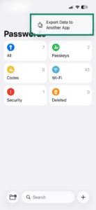 The "Export Data to Another App" option in the Passwords app on iOS.
