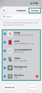 A pop-up in the Passwords app in iOS with selected logs for export.