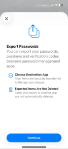 The "Export Passwords" pop-up in the Passwords app on iOS.