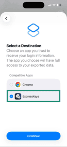 The "Select a Destination" pop-up in the Passwords app on iOS.