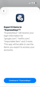 The Export 6 items to "ExpressKeys"? pop-up in the Passwords app on iOS.