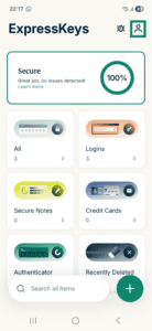 ExpresssKeys app interface showing the home screen on Android. The profile icon is highlighted.