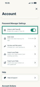 ExpressKeys account settings tab on iPhone. The Unlock with Face ID option is highlighted.