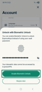 ExpressKeys Android app interface showing the confirmation screen for Unlock with Biometric Unlock. The Enable Biometric Unlock button is highlighted.