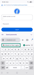 Website login page on Android. The keyboard is pulled up and a login suggested by ExpressKeys is highlighted.