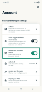 ExpressKeys Android app interface showing the account settings tab. The Unlock with Biometric Unlock option is highlighted.