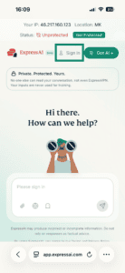 ExpressAI on mobile, with a highlighted Sign in button.