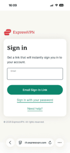 The ExpressVPN Sign in page on mobile.