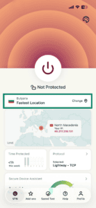 ExpressVPN mobile app, showing the Location Picker highlighted.