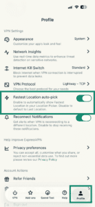 The Profile tab in the ExpressVPN mobile app, with a highlighted "Fastest Location auto-pick" option.