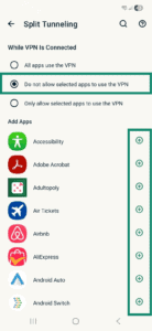 The split tunneling feature on the ExpressVPN Android app, showing the "Do not allow selected apps to use the VPN" option, with highlighted "+" signs next to each app.