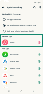 Split tunneling settings in the ExpressVPN app on Android, with a highlighted Selected Apps section for the Do not allow selected apps to use the VPN rule.