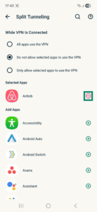 Split tunneling setting in the ExpressVPN all on Android, highlighting a minus sign next to an app in the Selected Apps list