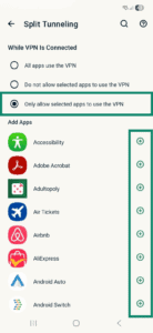 The split tunneling feature on the ExpressVPN Android app, showing the "Only allow selected apps to use the VPN" option, with highlighted "+" signs next to each app.