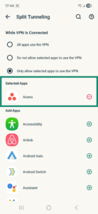 Split tunneling settings in the ExpressVPN app on Android, with a highlighted Selected Apps section for the Only allow selected apps to use the VPN rule.