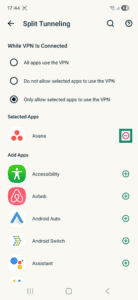 Split tunneling setting in the ExpressVPN all on Android, highlighting a minus sign next to an app in the Selected Apps list